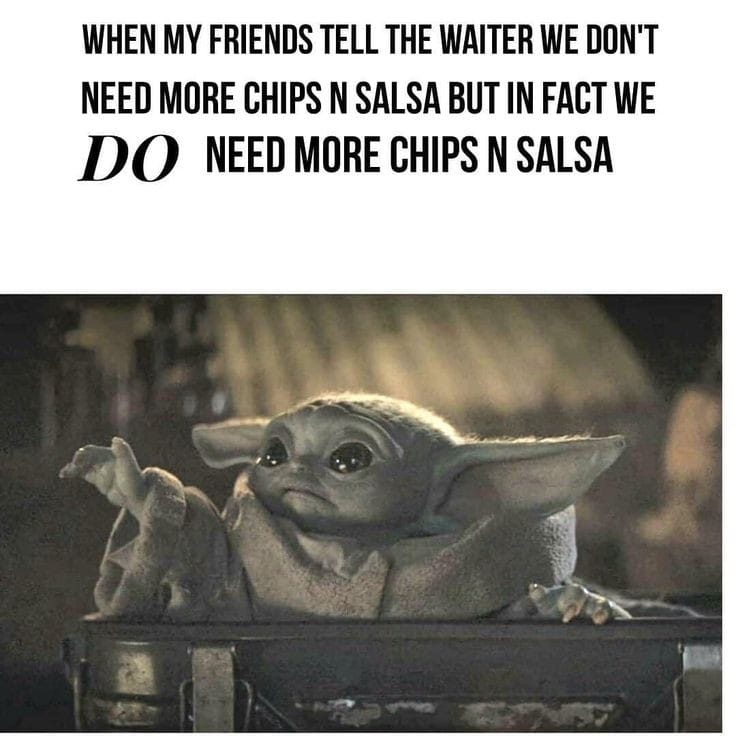 This meme is a humorous take on a common situation where someone is trying to order food, but the server is being unhelpful. The text at the top of the image reads "When you ask the waiter for more chips and salsa, but they just tell you to order more". The image below is a still from the movie "Star Wars: The Force Awakens" featuring a character named BB-8, but in this meme, his expression is exaggerated to look disappointed and frustrated.
